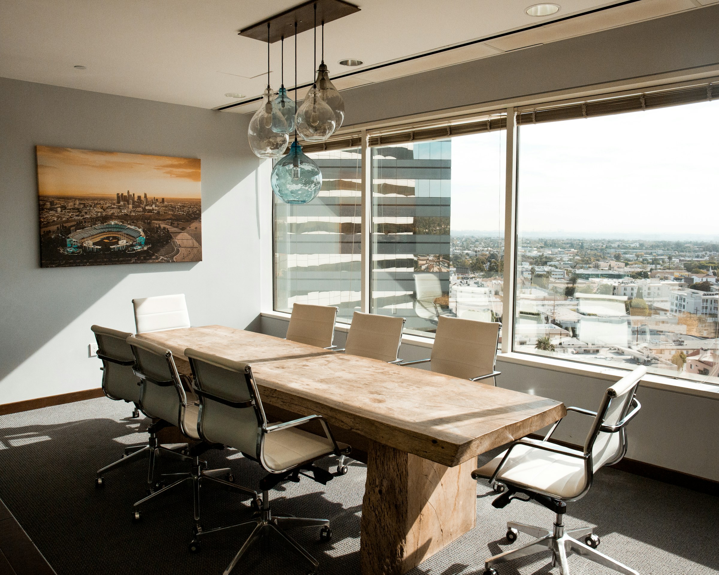 An empty boardroom in daylight
